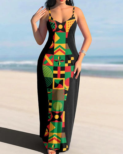Sexy Contrasting Color Geometric Print Sling Casual Long Dress