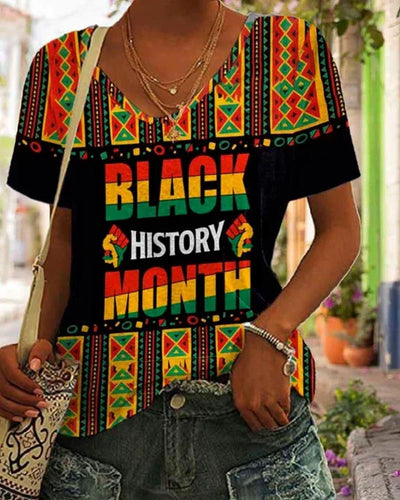 Black History Month African Graphic Print V Neck Short Sleeve T-Shirt