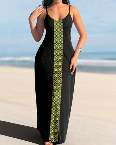 Ethnic style stitching color contrast sexy suspender dress