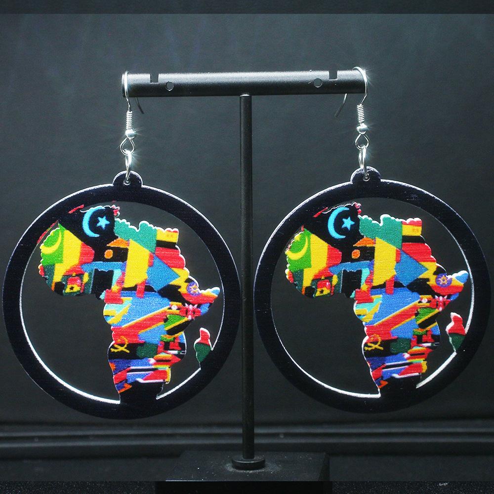 Africa Map Geometric Round Wooden Earrings