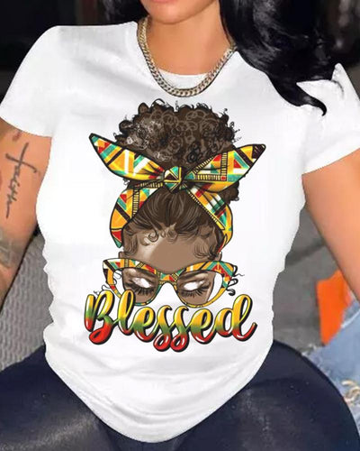 Black Girl Wearing Glasses Alphabet Print Short Sleeve T-Shirt