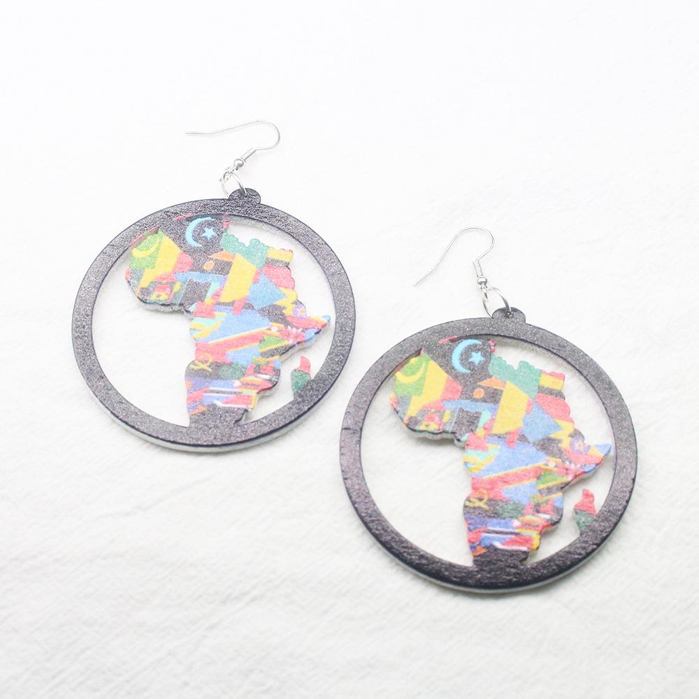 Africa Map Geometric Round Wooden Earrings