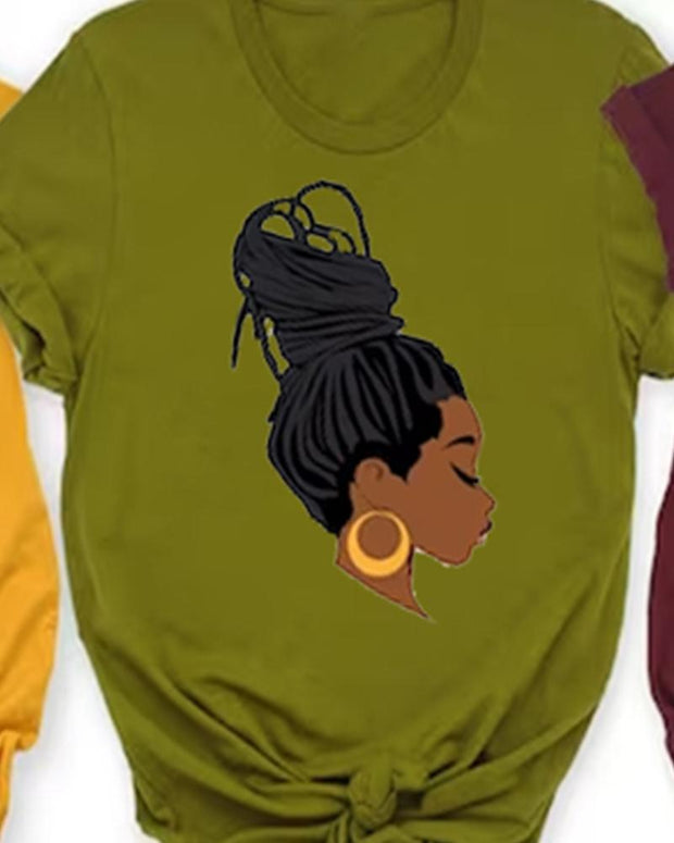 African women's head portrait high ponytail printed short sleeved T-shirt